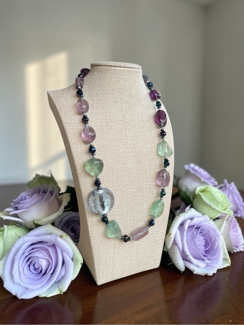 Fluorite Chunk Necklace Art Glass Foil Bead Statement Silver Tone